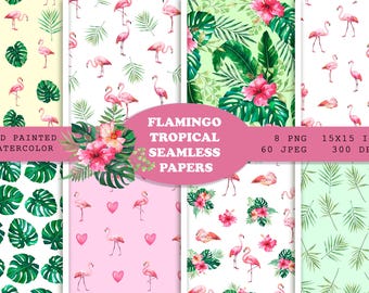 Flamingo Tropical Seamless Patterns, Watercolor Flamingo Digital Paper, Tropical Leaves & Hibiscus, Summer Pattern PNG Scrapbook Paper