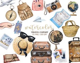 Aquarell Reise Clipart, Sommerferien, Urlaub Clipart, Tourismus Clipart, Planer Clipart, Abenteuer Clipart, PNG, Flugzeug Kamera Globe