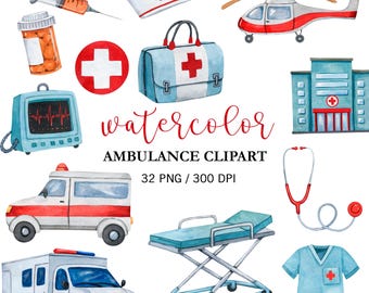 Watercolor Ambulance Clipart Healthcare Clipart Nurse Hospital Illustrations PNG Doctor Medicine Art Hospital Icons Medical Planner Sticker