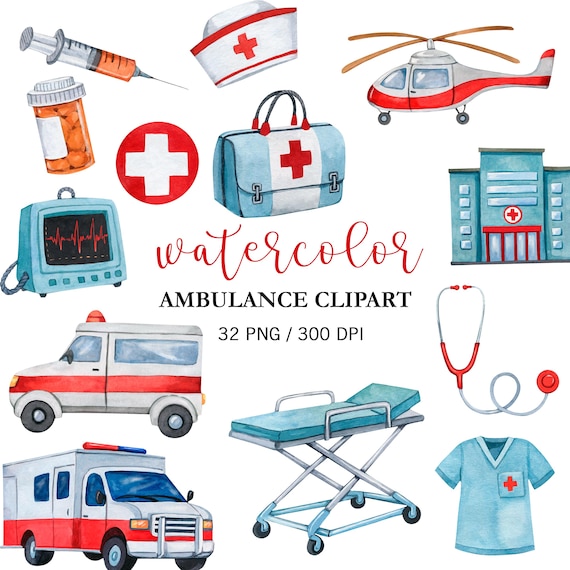 Watercolor Ambulance Clipart Healthcare Clipart Nurse Hospital Illustrations PNG Doctor Medicine Art Hospital Icons Medical Planner Sticker