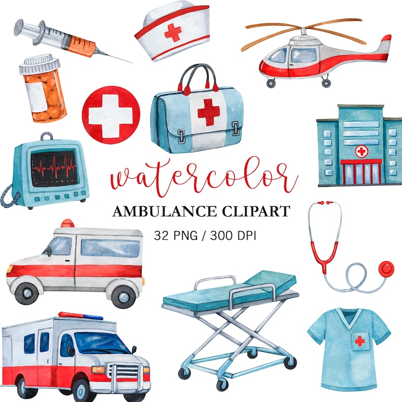 Puede incluir: Clipart de ambulancia en acuarela con equipos y veh&iacute;culos m&eacute;dicos. Incluye una ambulancia roja y blanca, un helic&oacute;ptero, una bolsa m&eacute;dica, un gorro de enfermera, un estetoscopio y un edificio de hospital. Tambi&eacute;n se incluye el texto "watercolor ambulance clipart".