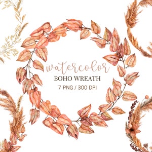 May include: Set of seven watercolor boho wreaths with a brown, beige, and orange color scheme. The wreaths are made of dried grasses, leaves, and flowers.