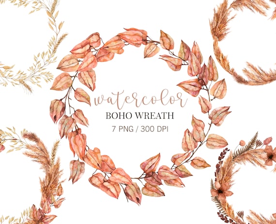 Watercolor Boho Wreath, Bohemian Wedding Designs, Pampas grass, Fall Clipart, Dried Leaves, Watercolor Boho Frames, Modern Clipart, PNG
