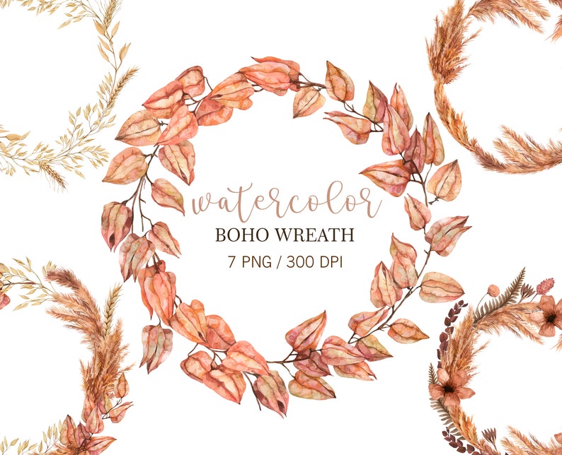 May include: Set of seven watercolor boho wreaths with a brown, beige, and orange color scheme. The wreaths are made of dried grasses, leaves, and flowers.