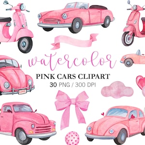 Akwarela Różowe Samochody Clipart PNG, Baby Girl shower miękkie różowe samochody, Retro Scooter Balony Kokardy ClipArt Wystrój Przedszkola, Dziewczynki Urodziny Clipart