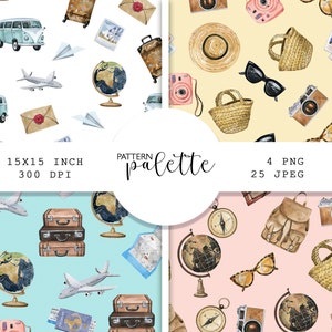 Padrão de viagem em aquarela sem costura, clipart de viagem, papel para aquarela, PNG pintado à mão, pacote de papel digital, papel para scrapbook, avião, globo