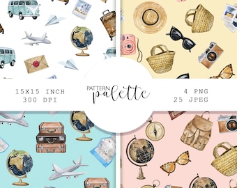 Patrón sin costuras de viaje en acuarela, imágenes prediseñadas de viaje, papel de acuarela, PNG pintado a mano, paquete de papel digital, papel de álbum de recortes, avión, globo terráqueo
