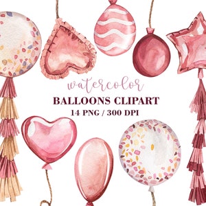 Globos de acuarela Clipart, Globo de corazón, Cliparte de cumpleaños, Cliparte de fiesta, PNG, Globos pastel de acuarela, Gráficos de globos, Fiesta infantil