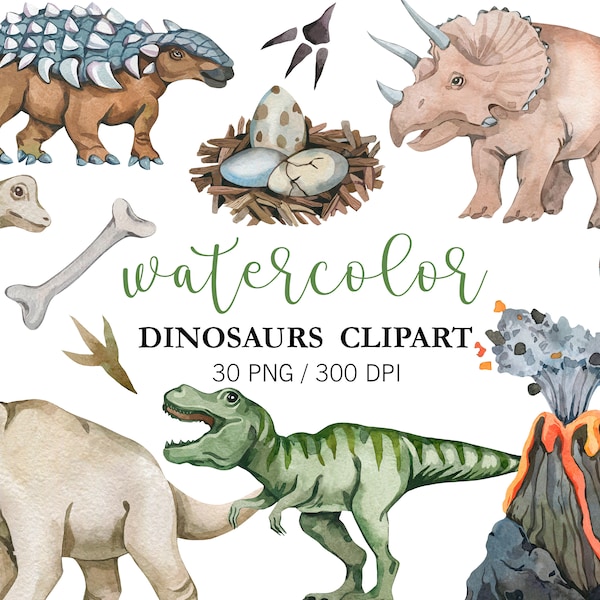 Watercolor Dinosaur Clipart,  Dinosaur clipart, Nursery Clipart, PNG, Dinosaur birthday party Decor, Dinosaur stickers, Dinosaur baby shower