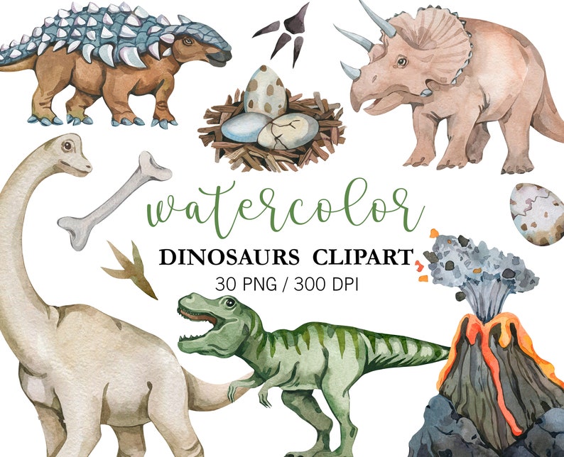 May include: Watercolour clipart set featuring dinosaurs, including a stegosaurus, triceratops, brachiosaurus, tyrannosaurus rex, and a volcano. The set also includes dinosaur eggs, a bone, and a footprint. The clipart is perfect for creating invitations, cards, and other crafts.