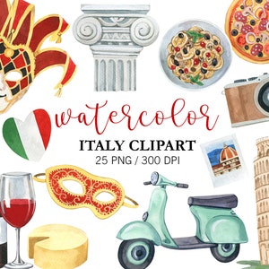 Aquarel Italië Clipart, Reizen Clipart, Liefde PNG, Rome, Pizza, Carnaval van Venetië, Italiaanse vakantiereizen, fiets, bromfiets, Planner Stickers