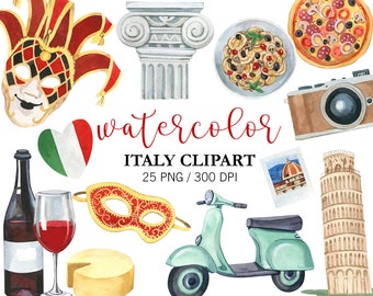 Watercolor Italy Clipart, Travel Clipart, Love PNG, Rome, Pizza, Venice carnival, Italian Vacation Travel, Bike, Moped, Planner Stickers