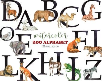 Zoo Animal Alphabet PNG Bundle, 26 Watercolor Animal Letters A-Z, Wildlife ABC Clipart, Kids Name PNG, Safari Nursery Letters
