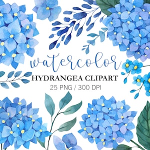 Watercolor Hydrangea Clipart, Watercolor Flowers Clipart, PNG, Floral Clipart, Blue flowers, Wedding clipart, Summer Clipart, greeting cards