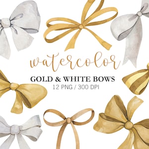 Aquarell Gold & Weiß Schleifen Clipart, handbemalte Schleifen. Png. Seidenschleife, romantisch, Bänder. Geschenk Dekor. Aquarellband, Geschenkschleifen