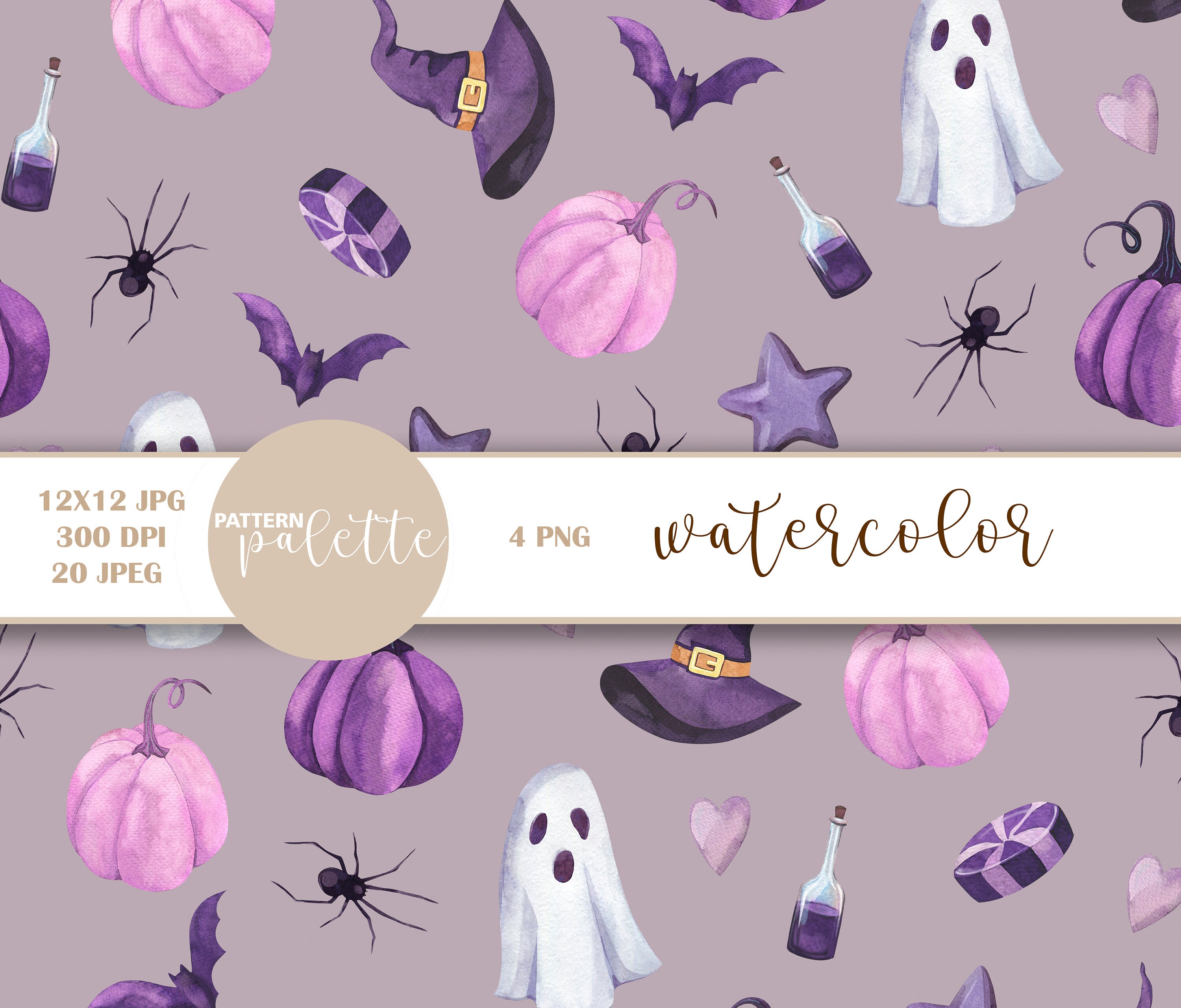 Watercolor Halloween Seamless Patterns, Halloween Digital Paper, PNG ...