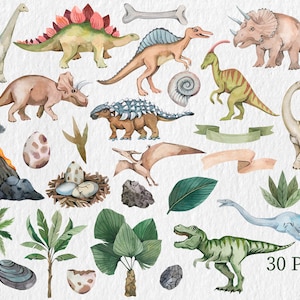 May include: A set of 30 watercolour illustrations featuring dinosaurs, plants, and other prehistoric elements. The illustrations include a variety of dinosaurs, such as a stegosaurus, a tyrannosaurus rex, and a pterodactyl. There are also illustrations of plants, such as ferns and palm trees, as well as other prehistoric elements, such as eggs, footprints, and a volcano.