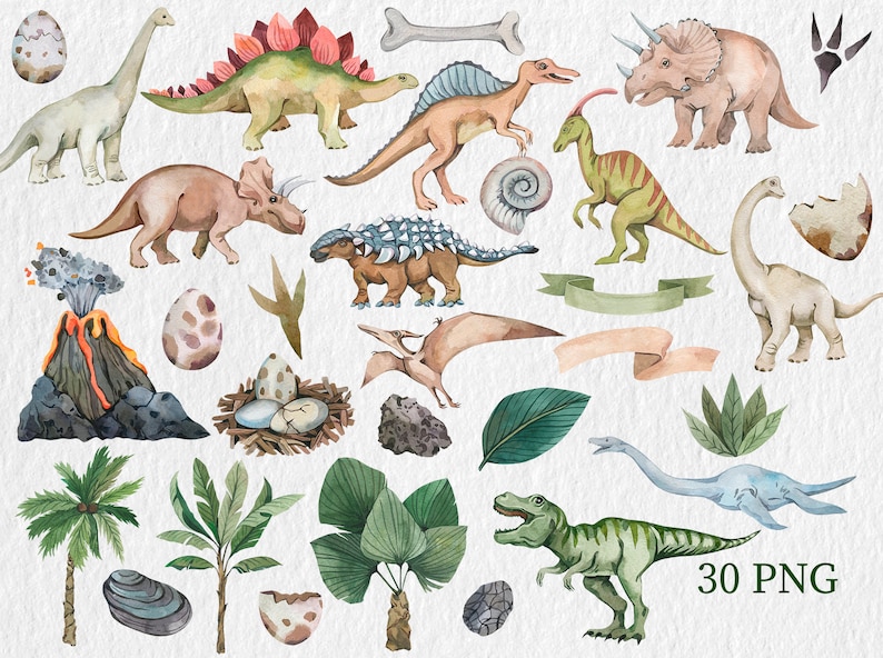 May include: A set of 30 watercolour illustrations featuring dinosaurs, plants, and other prehistoric elements. The illustrations include a variety of dinosaurs, such as a stegosaurus, a tyrannosaurus rex, and a pterodactyl. There are also illustrations of plants, such as ferns and palm trees, as well as other prehistoric elements, such as eggs, footprints, and a volcano.