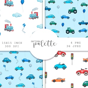 Watercolor Blue Cars Seamless Patterns, Printable Baby Boy Blue Cars Digital Papers Pack, Seamless Tepmlate,  Blue Nursery Boy Patterns