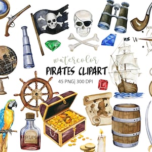 Watercolor Pirates Clipart, Pirate ship, Treasure Chest, Pirate Party, PNG, Adventure Clipart, Treasure Map, Birthday Decor, Kids room decor
