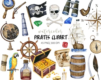 Watercolor Pirates Clipart, Pirate ship, Treasure Chest, Pirate Party, PNG, Adventure Clipart, Treasure Map, Birthday Decor, Kids room decor