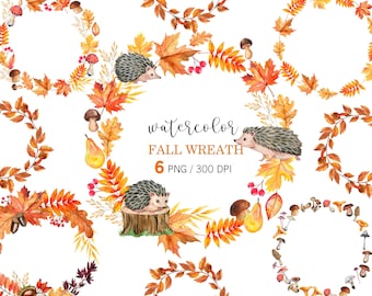 Hand Painted Watercolor Autumn Wreaths, Fall Leaves Wreath Clipart, Woodland Hedgehog & Mushroom PNG