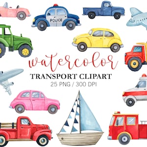 以下が含まれることがあります： 水彩画のクリップアート。ピンクのコンバーチブル、青いパトカー、緑のトラクター、黄色の車、赤いダンプトラック、飛行機、ピンクの車、ヨット、赤いトラック、救急車、消防車など、さまざまな乗り物が描かれています。「watercolor TRANSPORT CLIPART」というテキストも含まれています。