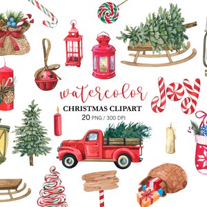 Watercolor Christmas Decor, Christmas PNG, Watercolor Christmas Red Truck, Christmas tree, Christmas ornaments, New Year decoration