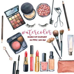 Watercolor Make up Clipart,  Cosmetics Clipart, Beauty Clipart, Fashion Clipart, Make up Cosmetics Set, Red lipstick, PNG, Beauty watercolor