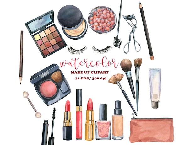 Watercolor Make up Clipart,  Cosmetics Clipart, Beauty Clipart, Fashion Clipart, Make up Cosmetics Set, Red lipstick, PNG, Beauty watercolor