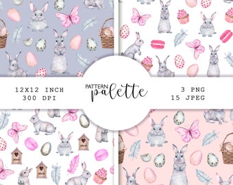 Watercolor Easter Seamless patterns, Easter bunny pattern, Printable fabric pattern, Easter Digital Paper, PNG, Nursery Decor, Easter Eggs