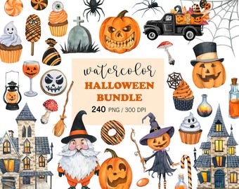Paquete de imágenes prediseñadas de Halloween en formato PNG, 240 imágenes de acuarela de calabazas, dulces, fantasmas, gnomos y casas embrujadas de Halloween, imágenes prediseñadas para fiestas espeluznantes y truco o trato.