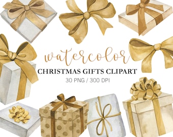 Watercolor Gift Box Clipart, PNG, Christmas Presents, Gold Gifts, Christmas Present Clipart, Celebration, Festival Holiday, Christmas gifts