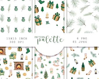 Diseño navideño en acuarela verde, decoración navideña: chimenea, árboles de Navidad, regalos, descarga digital (PNG, JPG)