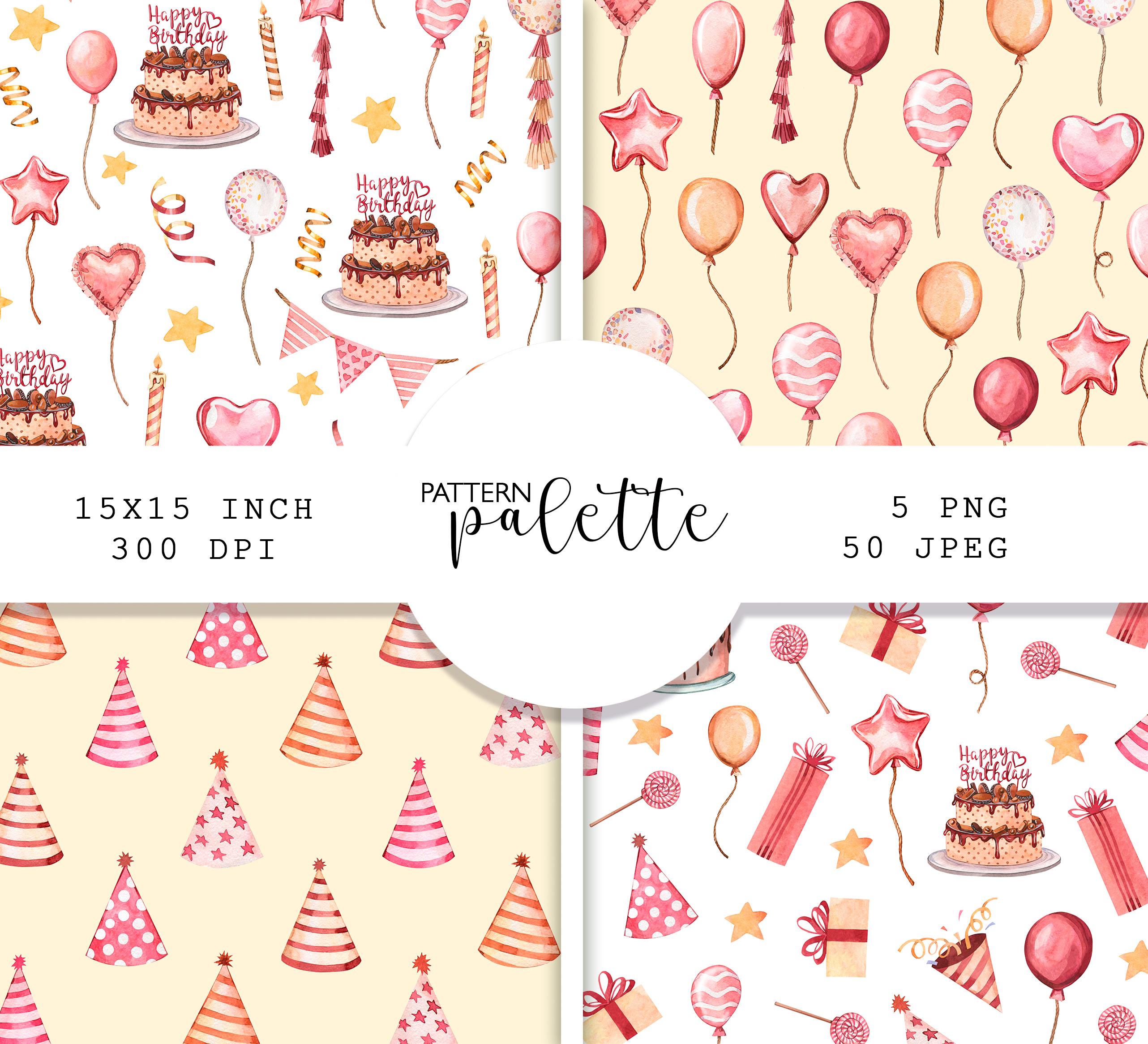 Watercolor Birthday Seamless Patterns PNG, Birthday Digital Paper Pack ...