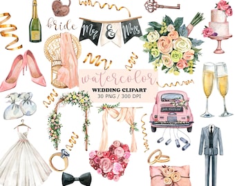 Wedding Watercolor Clipart, Wedding arch, Wedding Elements, Bride Clipart, Wedding cake, Just Married Car, Marriage Clipart, Printable, PNG