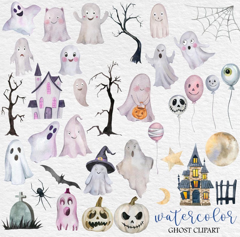 May include: Watercolor illustration featuring various Halloween-themed elements. Includes ghosts, a haunted house, pumpkins, bats, and balloons. The color palette consists of soft pastels and darker accents, creating a whimsical and spooky aesthetic. The text "watercolor ghost clipart" is also present.