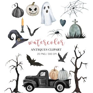 Watercolor Halloween Clipart, Fall Clipart PNG, Halloween Party Decor, Trick Or Treat, Horror Clipart, Halloween Black Truck, Spooky Clipart