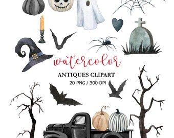 Aquarelle Halloween Clipart, Clipart automne PNG, décoration de fête d'Halloween, des bonbons ou un sort, des cliparts horreur, Halloween camion noir, des cliparts effrayant