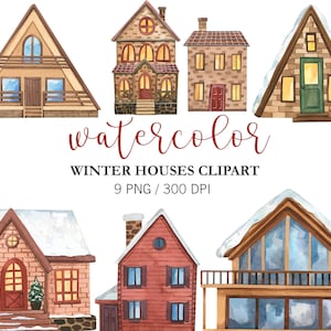 Watercolor House clipart, Christmas Clipart, Christmas Decor, Winter Clipart, Christmas PNG, Snow Houses Clipart, Winter Village
