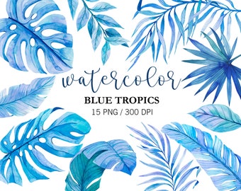 Blue Watercolor Tropical Leaves Clipart: PNG Palm & Monstera Digital Download