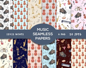 Music Digital Papers, Seamless patterns, Watercolor Music Backgrounds, Watercolor Music Instruments Piano, Orchestra, Guitar, Music Graphics