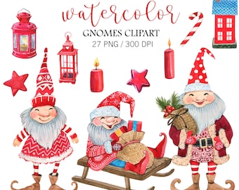 Imágenes prediseñadas de gnomos navideños en acuarela: Gnomos escandinavos, árbol de Navidad PNG (descarga digital)