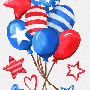 May include: A bunch of red, white and blue balloons with stars and stripes patterns. The balloons are tied together with brown string and surrounded by red and blue stars and hearts.