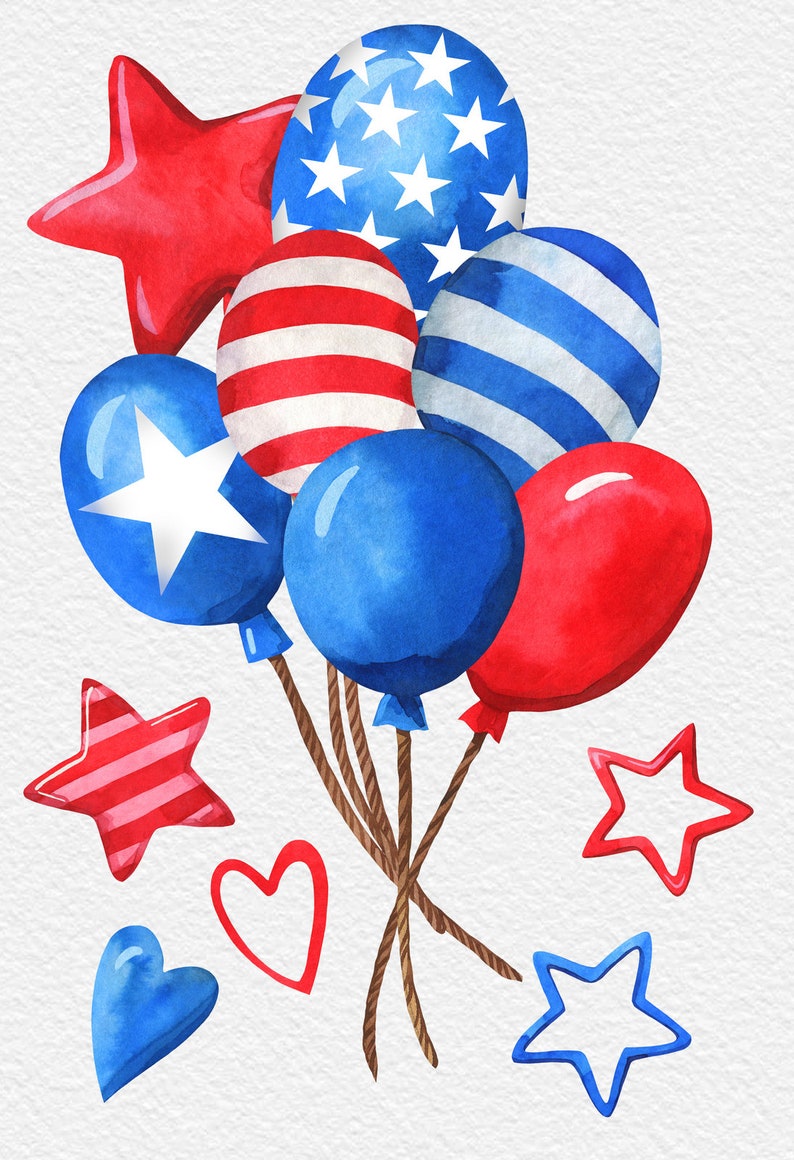 May include: A bunch of red, white and blue balloons with stars and stripes patterns. The balloons are tied together with brown string and surrounded by red and blue stars and hearts.