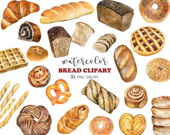 Watercolor Bread Clipart Set 31 PNG, Bakery Bread Rolls & Croissant Clipart, Buns and Pastry Illustration, Bakery Menu Graphics