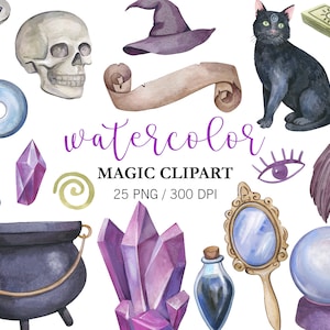 Watercolor Magic Clipart PNG, Halloween Party Decor, Witchcraft, Witch Fantasy, Magic birthday, Witch and Wizard Supplies, Halloween Clipart