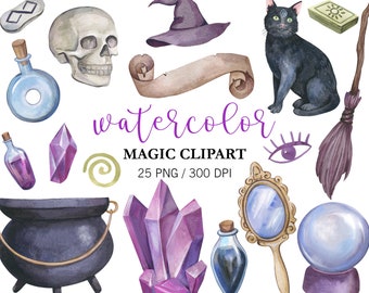 Aquarell Magie Clipart PNG, Halloween Party Dekor, Hexerei, Hexen Fantasie, magischer Geburtstag, Hexe und Zauberer Zubehör, Halloween Clipart