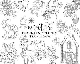 Imágenes prediseñadas navideñas en negro, arte lineal invernal PNG, ilustración navideña en línea, decoración navideña, imágenes prediseñadas de garabatos, muñeco de nieve, casas de invierno