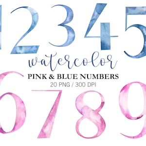 Números aquarela rosa e azul PNG, números separados aquarela rosa e azul, números PNG, números pintados à mão, chá de bebê meninos meninas